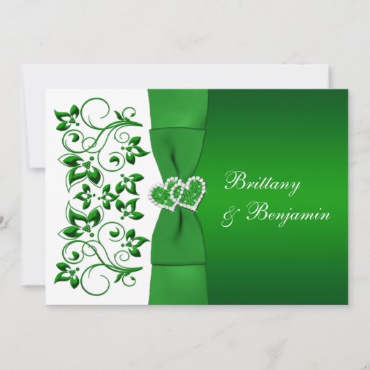RIBBON-Hochzeit in Grün, Weiß und Blumen Einladung (Vorderseite)