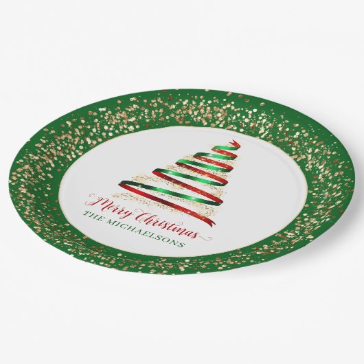 Ribbon Merry Christmas Tree Gold Glitzer Pappteller (Schrägansicht)