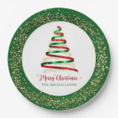 Ribbon Merry Christmas Tree Gold Glitzer Pappteller (Vorderseite)