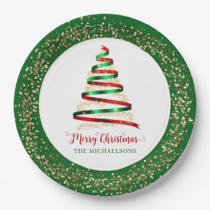 Ribbon Merry Christmas Tree Gold Glitzer Pappteller