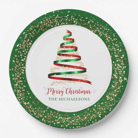 Ribbon Merry Christmas Tree Gold Glitzer Pappteller (Vorderseite)