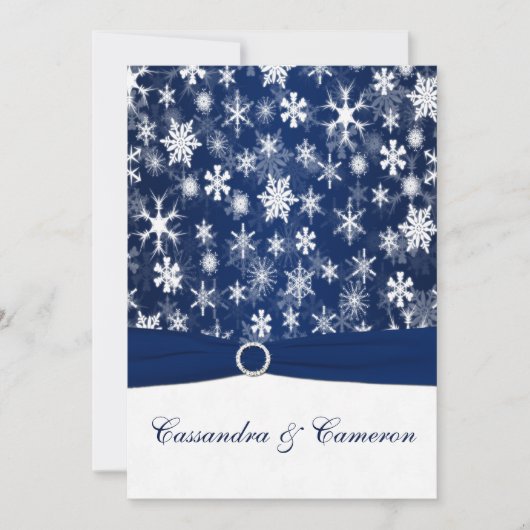 RIBBON Navy Blue, White Snowflakes Hochzeit Einladung (Vorderseite)
