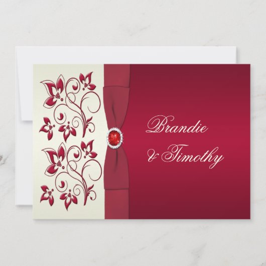 RIBBON Red, Elfenbeinblume Hochzeitsinvikt Einladung (Vorderseite)