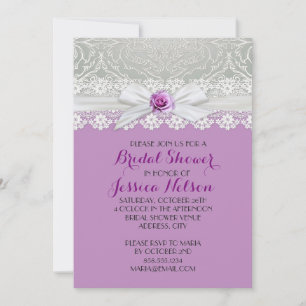 Ribbon Rose Silver Damask Lavendel Brautparty Einladung