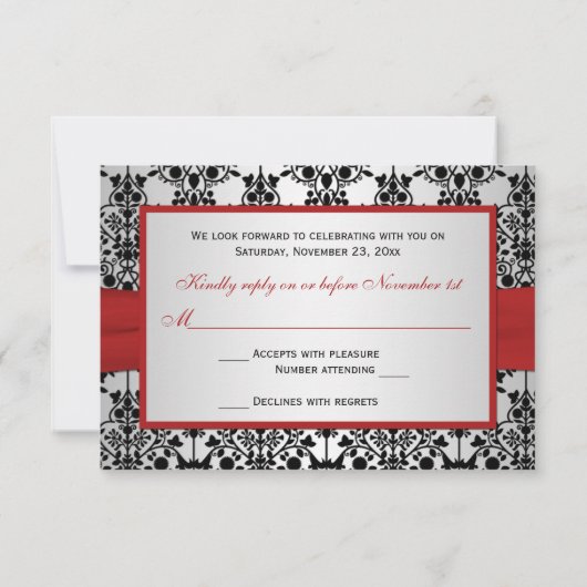 RIBBON-RSVP-Karte DRUCKT rot, grau und schwarz RSVP Karte (Rückseite)