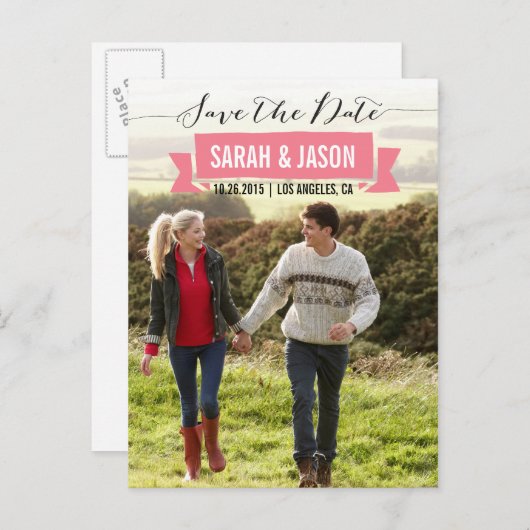 RIBBON SAVE THE DATE FOTO POSTCARDS - KORALE ANKÜNDIGUNGSPOSTKARTE (Vorne/Hinten)