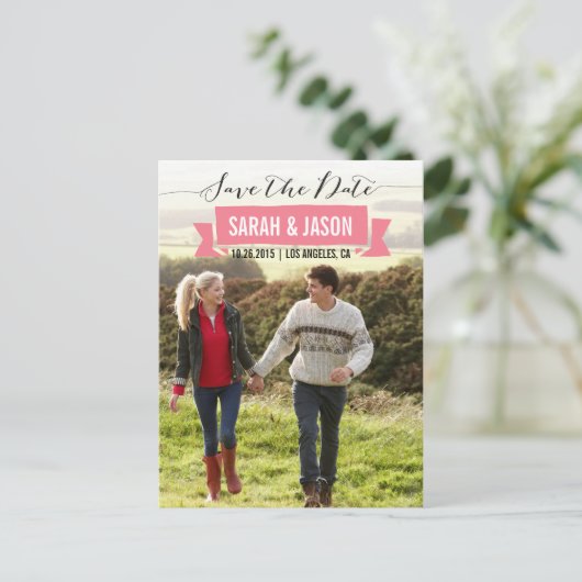 RIBBON SAVE THE DATE FOTO POSTCARDS - KORALE ANKÜNDIGUNGSPOSTKARTE (Stehend Vorderseite)