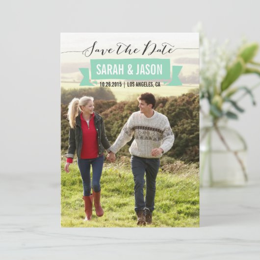 RIBBON SAVE THE DATE FOTOKARTEN - MINT (Stehend Vorderseite)