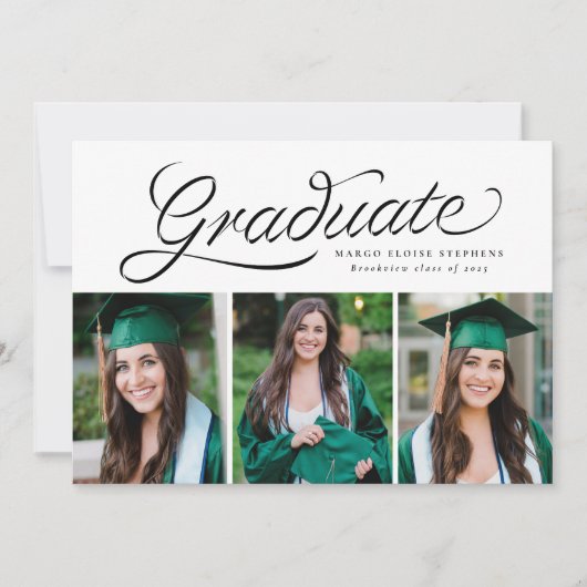Ribbon-Script-Graduierung trendy drei Foto Einladung (Vorderseite)