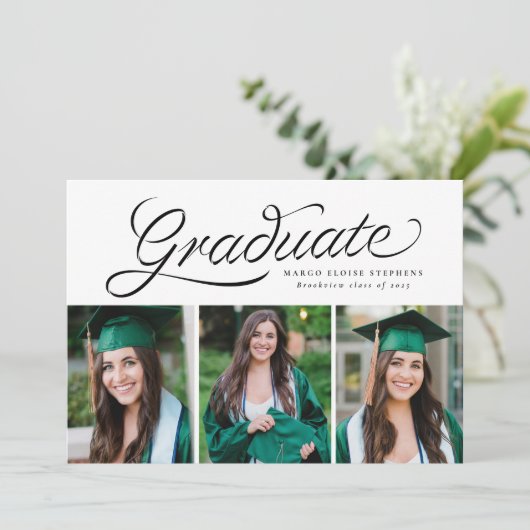 Ribbon-Script-Graduierung trendy drei Foto Einladung (Stehend Vorderseite)