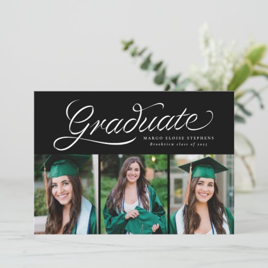 Ribbon-Script-Graduierung trendy drei Foto Einladung (Stehend Vorderseite)