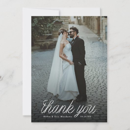 Ribbon Script Minimalist Wedding Photo Dankeskarte (Vorderseite)
