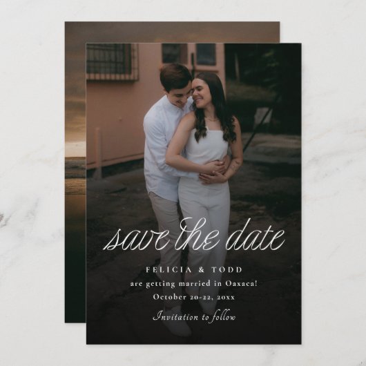 Ribbon Script Minimalist Wedding Photo Save The Date (Vorne/Hinten)
