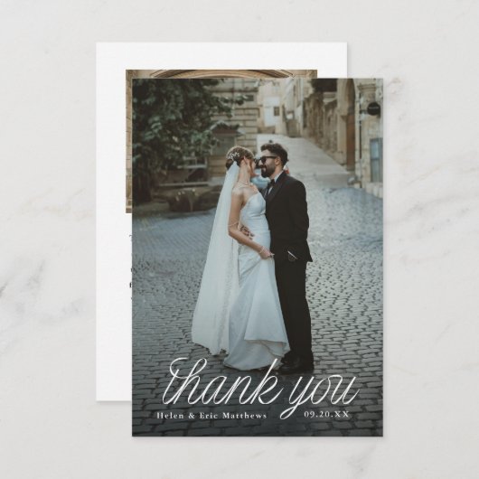Ribbon Script Minimalist Wedding Photo Small Dankeskarte (Vorne/Hinten)