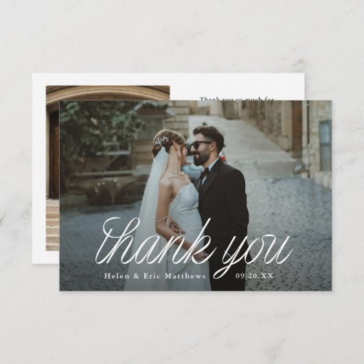 Ribbon Script Minimalist Wedding Photo Small Dankeskarte (Vorne/Hinten)