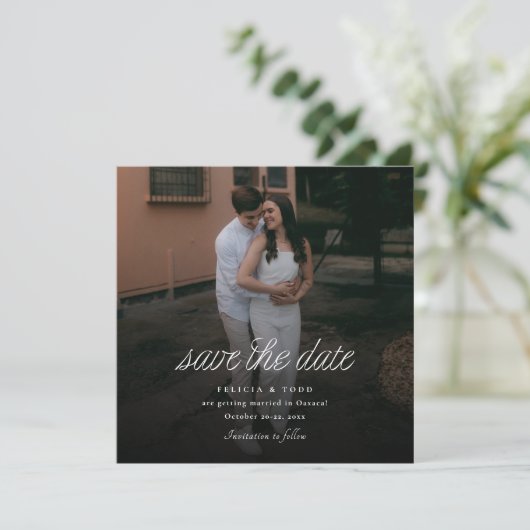 Ribbon Script Minimalist Wedding Photo Square Save The Date (Stehend Vorderseite)