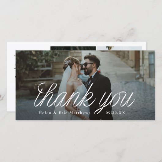 Ribbon Script Minimalist Wedding Photo Tall Dankeskarte (Vorne/Hinten)