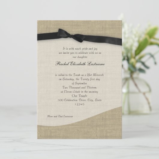 Ribbon und Burlap Bat Mitzvah Einladung (Stehend Vorderseite)