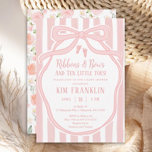 Ribbons and Bows Parisian Pink Girl Baby Shower Einladung