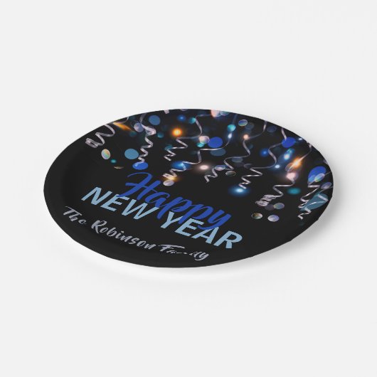 Ribbons Bokeh Lights New Year Party Celebration Pappteller (Schrägansicht)