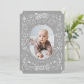 Ribbons und Rose Baby Light Gray Foto Birth Einladung (Stehend Vorderseite)