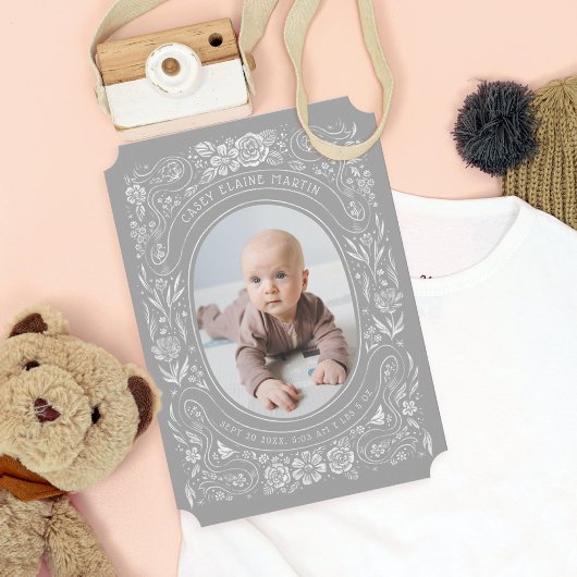 Ribbons und Rose Baby Light Gray Foto Birth Einladung