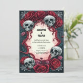 Ribbons und Rose Skulls Gotische Hochzeit Einladung (Stehend Vorderseite)