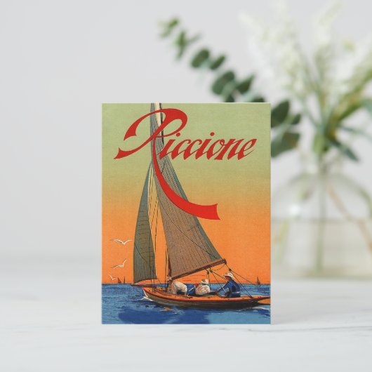 Riccione, Rimini, Italien, Segelboot, Vintag Postkarte (Stehend Vorderseite)