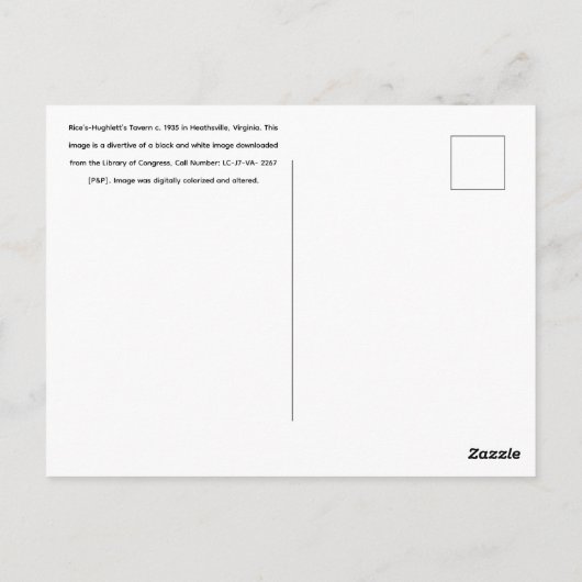 Rice’s-Hughlett’s Tavern c. 1935, Heathsville, VA Postkarte (Rückseite)
