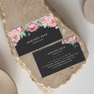 Rich Black & Blush Pink Peony Visitenkarte