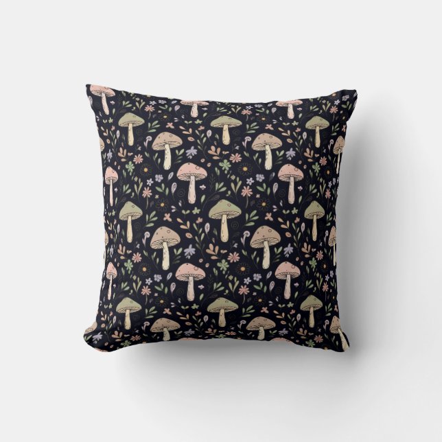 Rich Black Fungi Pattern Gothic Dark Academia Kissen (Vorderseite)