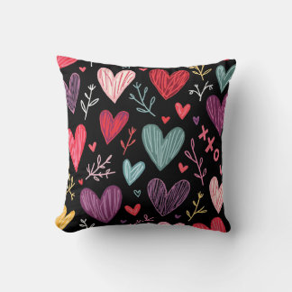 Rich Black Playful Hand-Drawn Hearts Throw Pillow Kissen