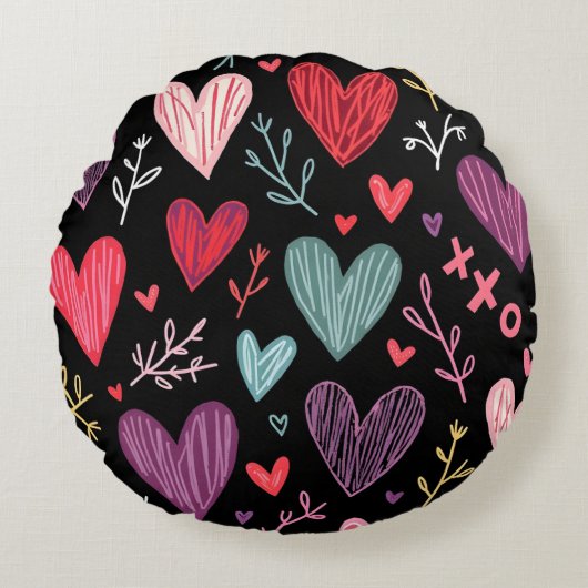 Rich Black Playful Hand Gezeichnet Herz Rundkissen Rundes Kissen (Vorderseite)