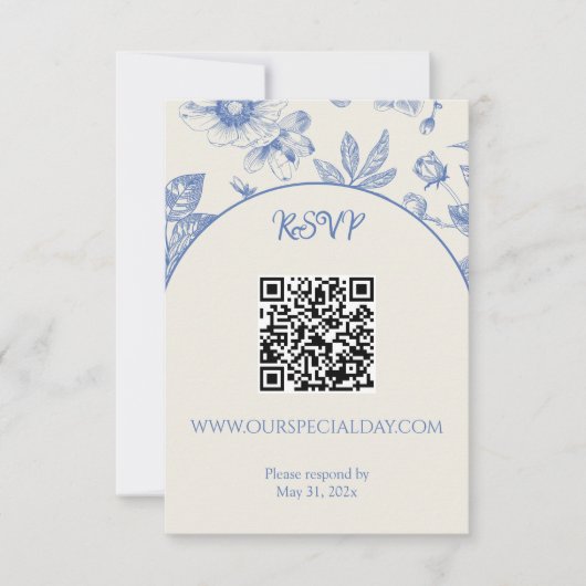 Rich Blue French Floral Toile QR-Code RSVP Karte (Vorderseite)
