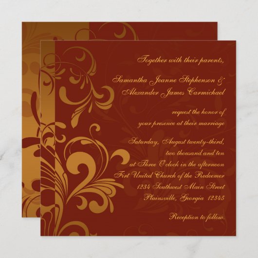 Rich Brick Red and Gold Reverse Swirt Square Einladung (Vorne/Hinten)