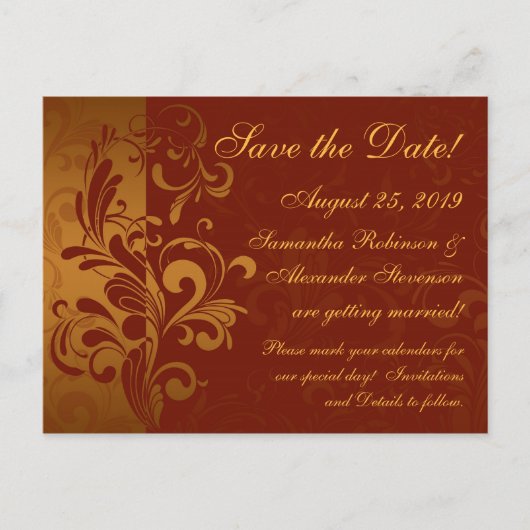 Rich Brick Red / Gold Reverse Swirl Save the Date Ankündigungspostkarte (Vorderseite)