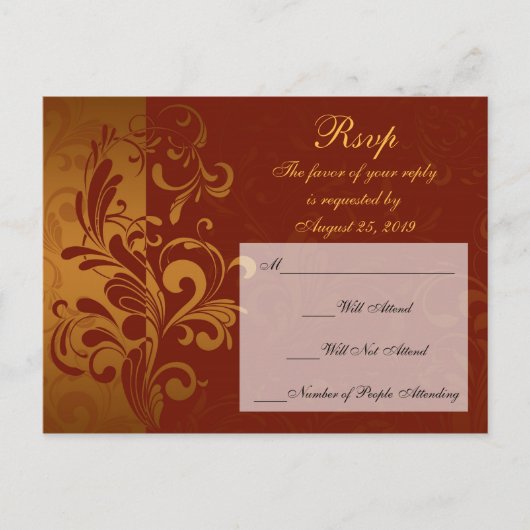 Rich Brick Red / Gold Reverse Swirl UAWG Antwort Einladungspostkarte (Vorderseite)