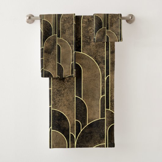 Rich Brown and Gold Art Deco Muster Badhandtuch Set (Insitu)