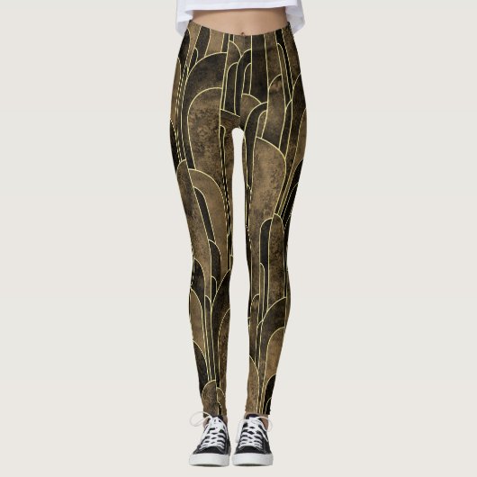 Rich Brown and Gold Art Deco Muster Leggings (Vorderseite)