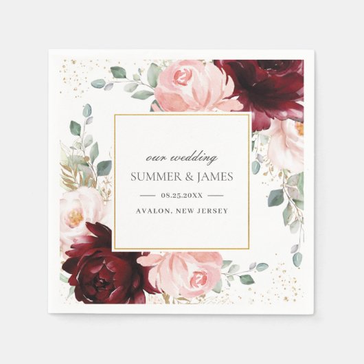 Rich Burgund Blush Pink Bloral Wedding Square Serviette (Vorderseite)