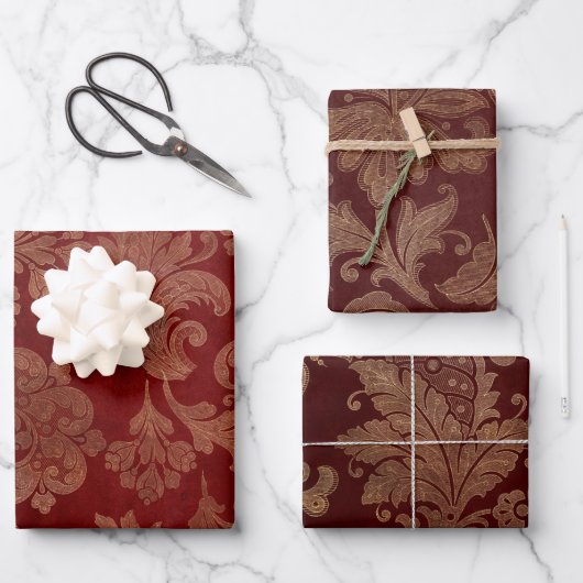 Rich Burgundy Red and Gold Damask Geschenkpapier Set (Vorderseite)
