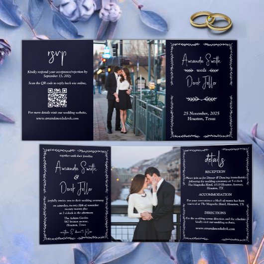 Rich Dark Blue Black Wedding Dreifach Gefaltete Einladung