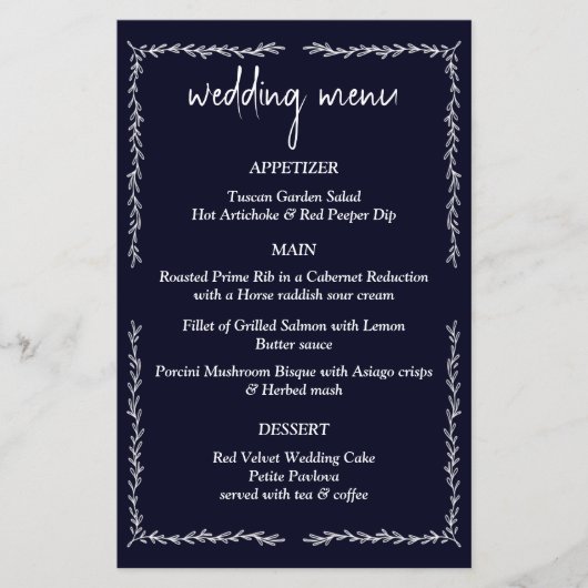 Rich Dark Blue Black Wedding Menu Card (Vorderseite)