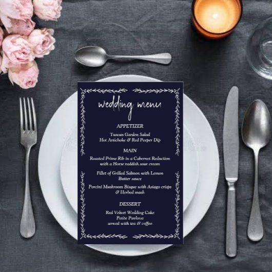 Rich Dark Blue Black Wedding Menu Card
