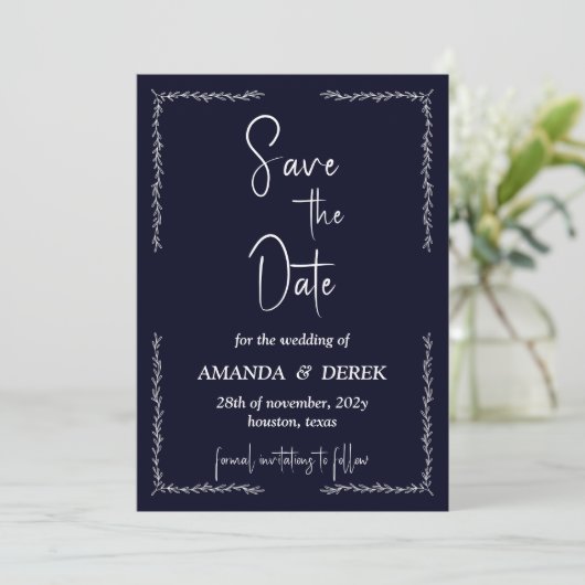 Rich Dark Blue Black Wedding Save the Date (Stehend Vorderseite)