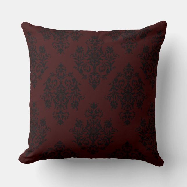 Rich Dark Red Color Stilvolles Damaskus-Design Kissen (Vorderseite)