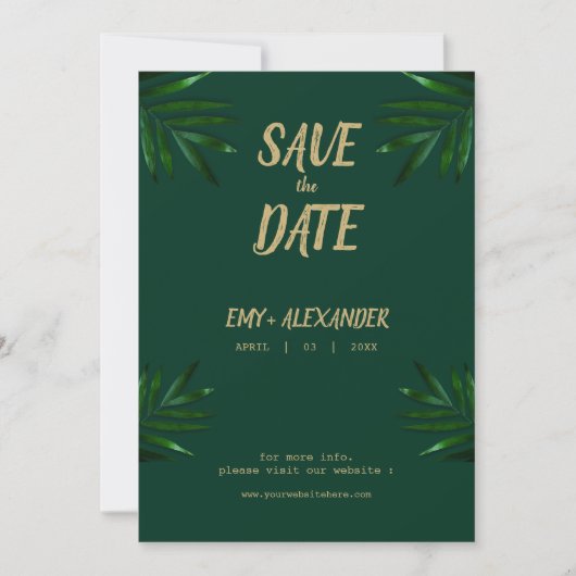 Rich Green Golden Theme Save the Date (Vorderseite)