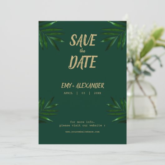 Rich Green Golden Theme Save the Date (Stehend Vorderseite)