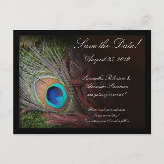 Rich Peacock Feather Green Moss Save the Date Card Ankündigungspostkarte (Vorderseite)
