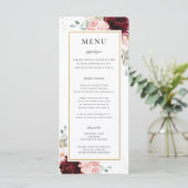 Rich Red Burgundy Blush Pink Floral Wedding Menu Programm (Stehend Vorderseite)